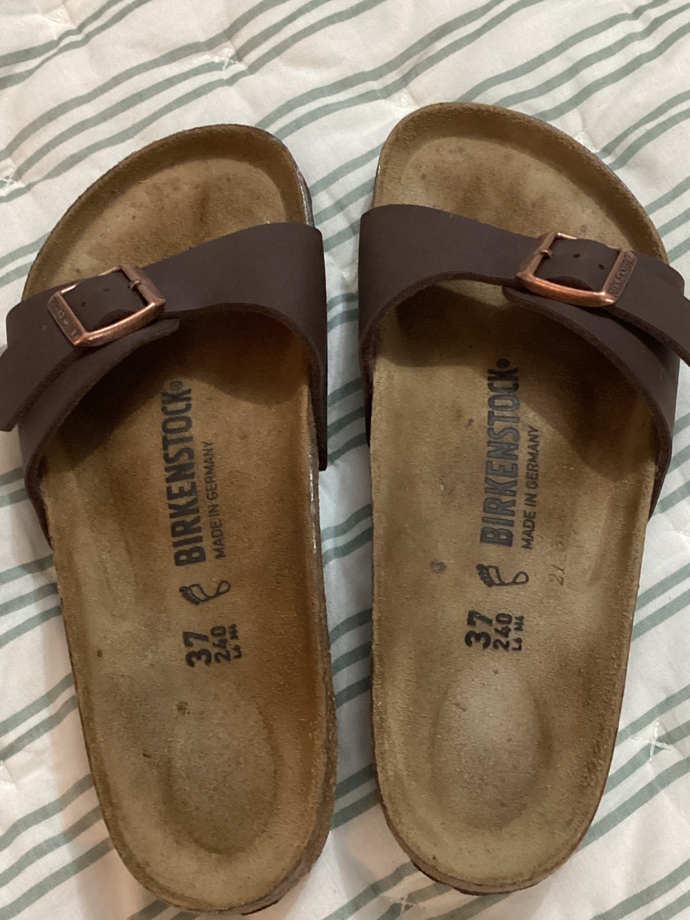 Birkenstock Madrid Single-Strap Slides in Dark Brown with Copper Buckles
